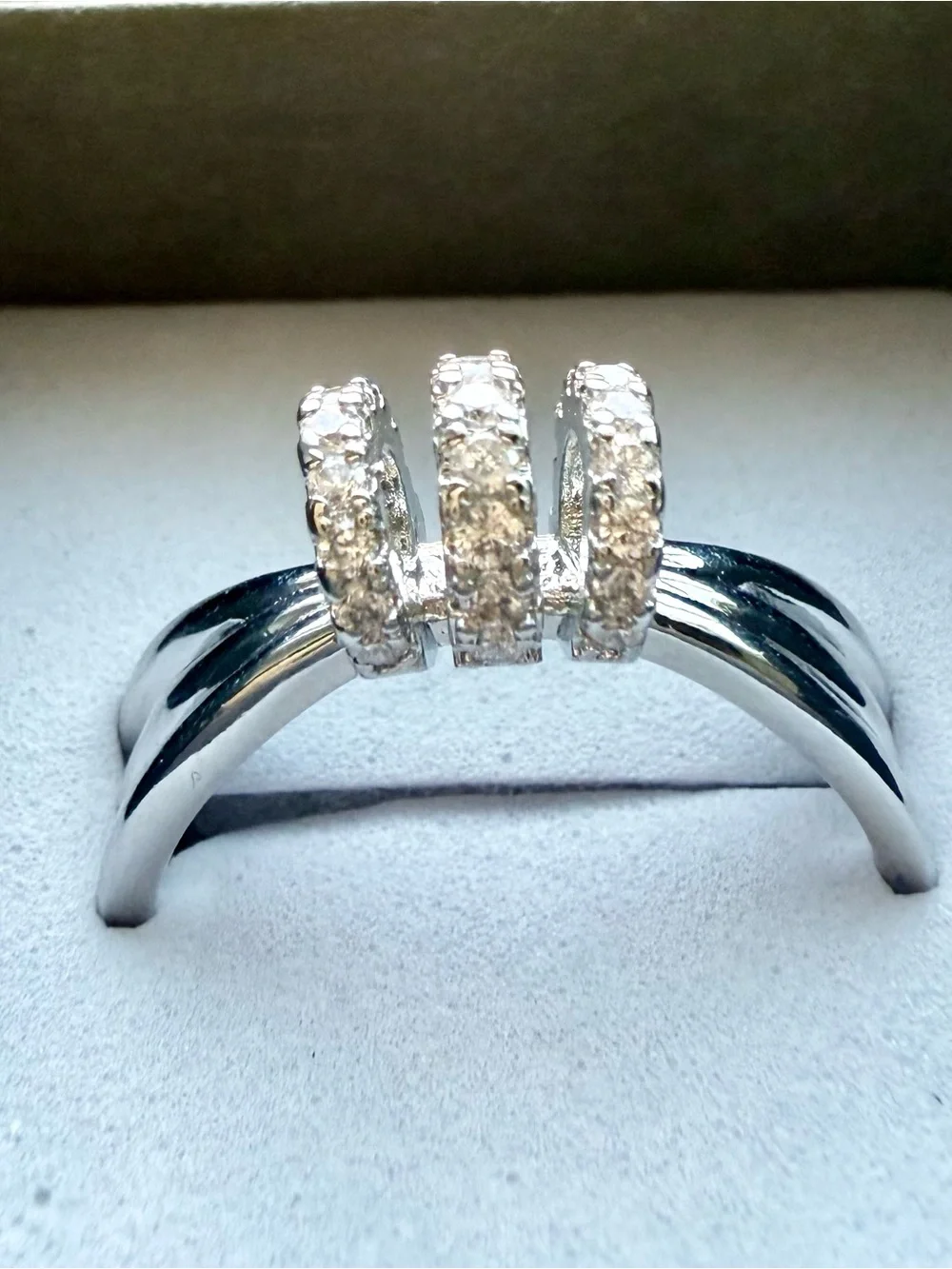 NEW! 14k White Gold Plated Triple-Hoop Ring with Clear Cubic Zirconia Accents
